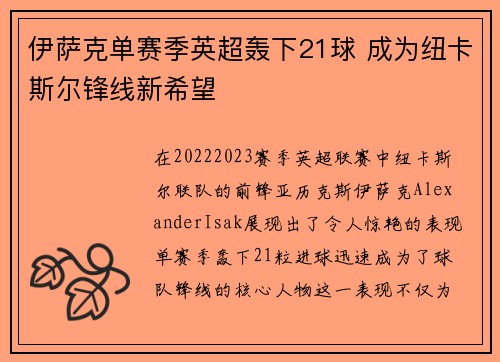 伊萨克单赛季英超轰下21球 成为纽卡斯尔锋线新希望