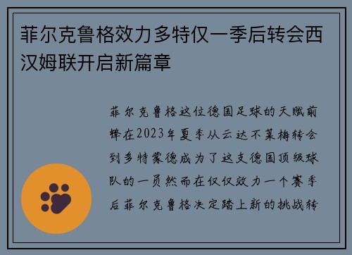 菲尔克鲁格效力多特仅一季后转会西汉姆联开启新篇章